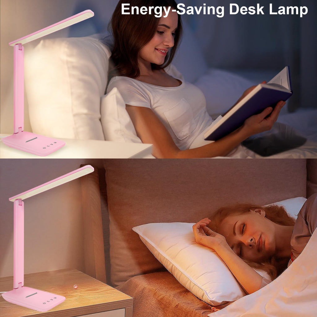 White crown LED Desk Lamp Dimmable Table Lamp Reading Lamp with USB Charging Port, 5 Lighting Modes, Sensitive Control, 30/60 Minutes Timer (Pink, First-Generation)