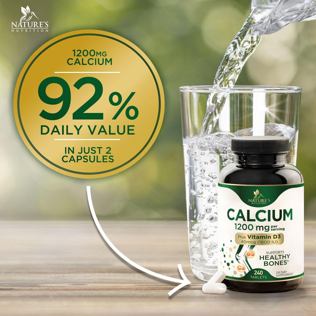 Calcium 1200 mg with Vitamin D3 - Bone Health Supplement, Vitamin D & Calcium Supplements for Women & Men - Bone Strength, Teeth & Immune Support, Nature's Calcium Pills, Bottled in USA - 240 Tablets