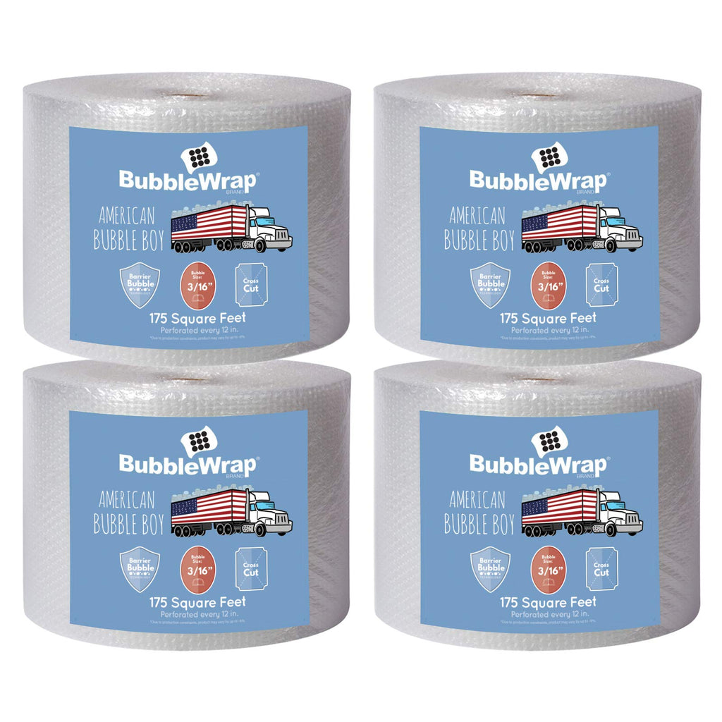 4 large rolls of Bubble Wrap total 700 feet, small bubbles 3/16 cushioning, 700 ft, heavy duty, perforated Every 12" Made in the USA by American Bubble Boy, bulk packaging wrap for moving and shipping