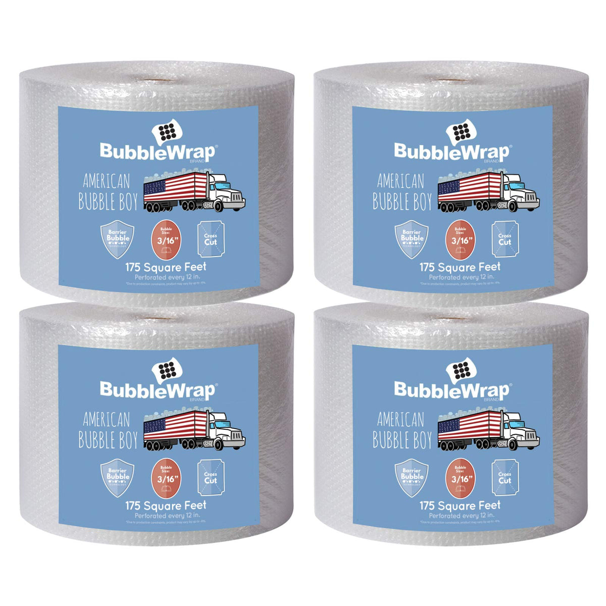 4 large rolls of Bubble Wrap total 700 feet, small bubbles 3/16 cushioning, 700 ft, heavy duty, perforated Every 12" Made in the USA by American Bubble Boy, bulk packaging wrap for moving and shipping