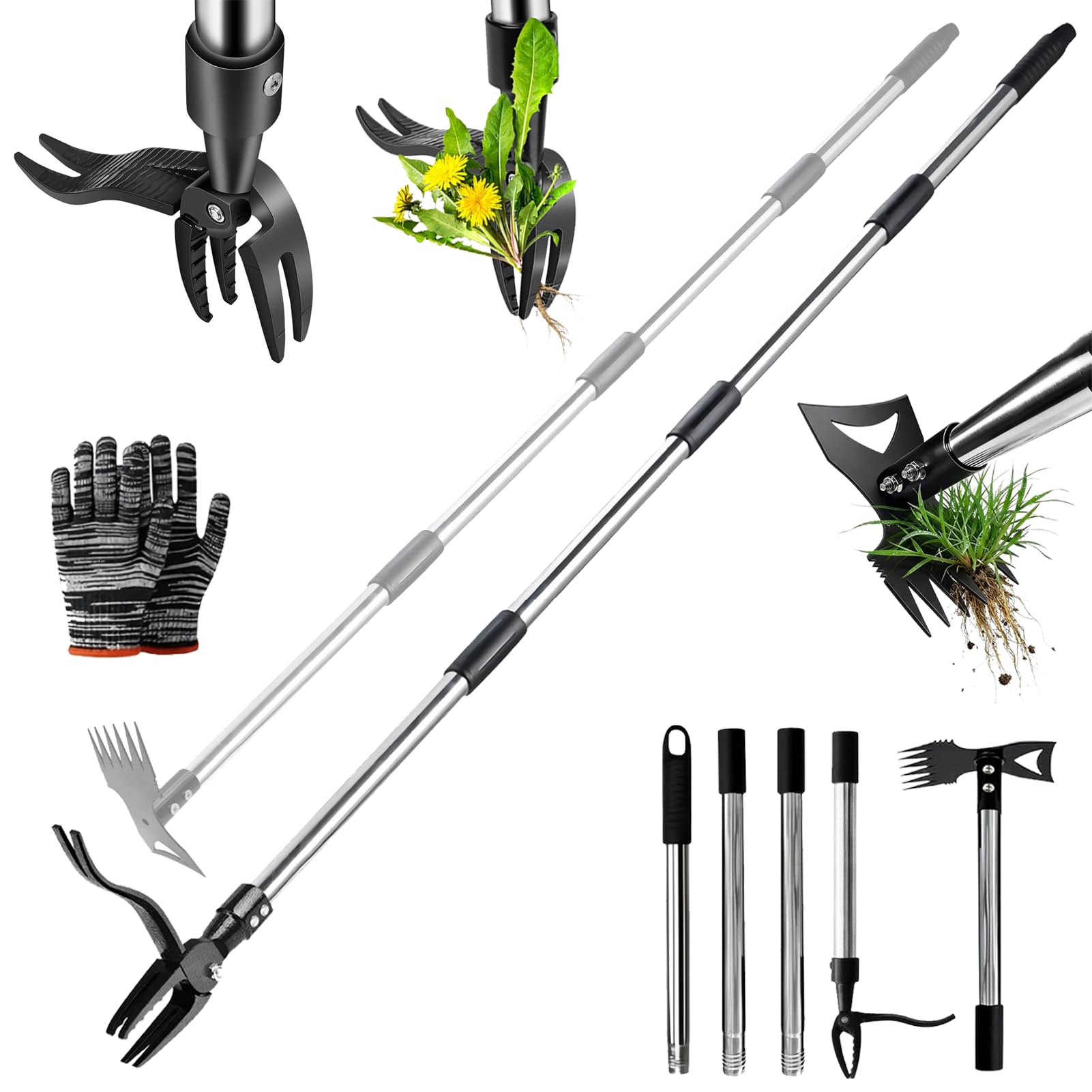 HWLANTU Stand Up Weed Puller Tool with 58" Adjustable Long Handle, 2 in 1 Heavy Duty Manual Weeder & Garden Hoe, 4-Claw Steel Head Weed Remover with Gloves for Yard Lawn Patio Flower Bed