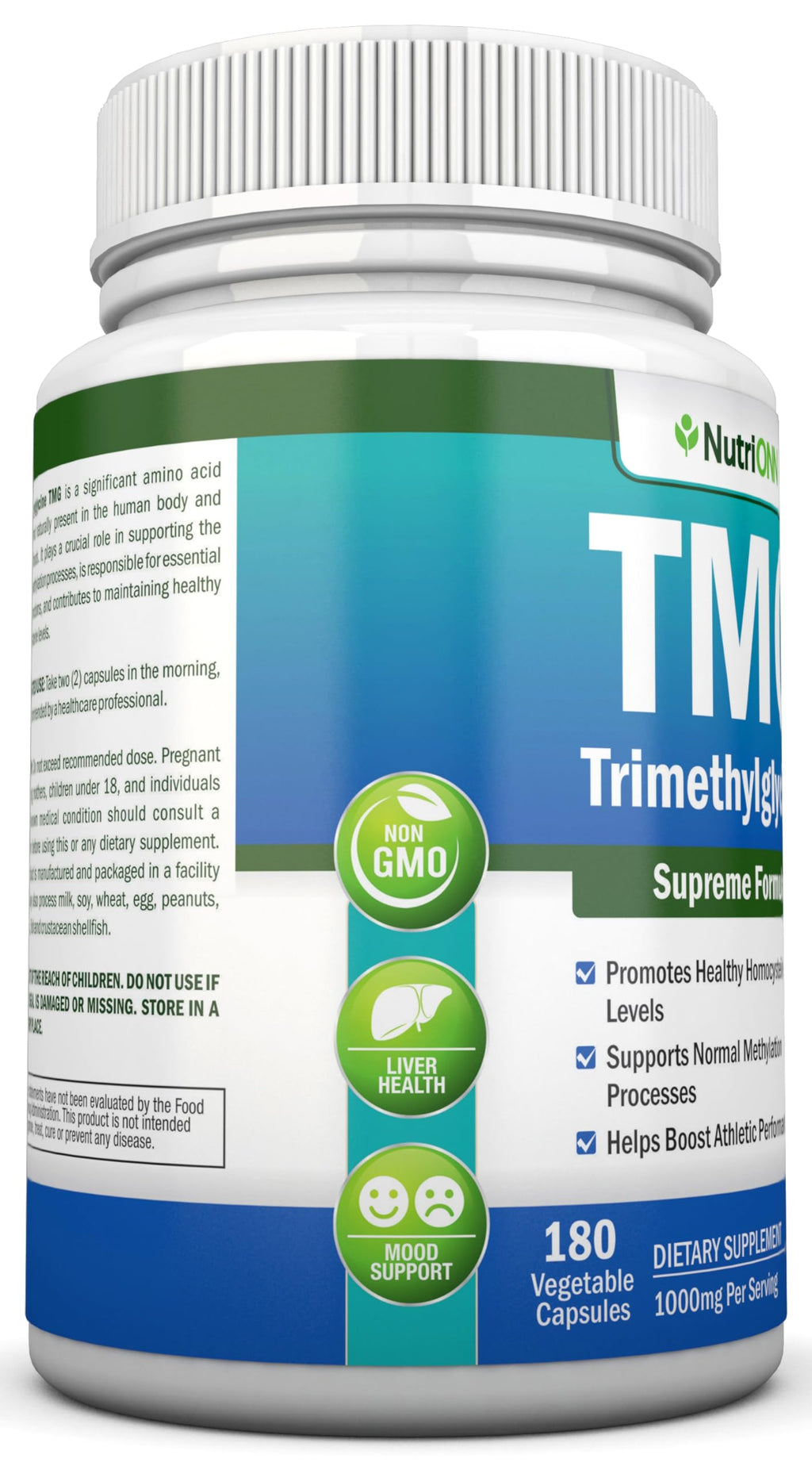 TMG Trimethylglycine Supplement - 1000mg - 180 Capsules - Premium Pure Betaine Anhydrous - Supports Normal Homocysteine & Blood Pressure Levels - Promotes Methylation Processes - Non-GMO Formula