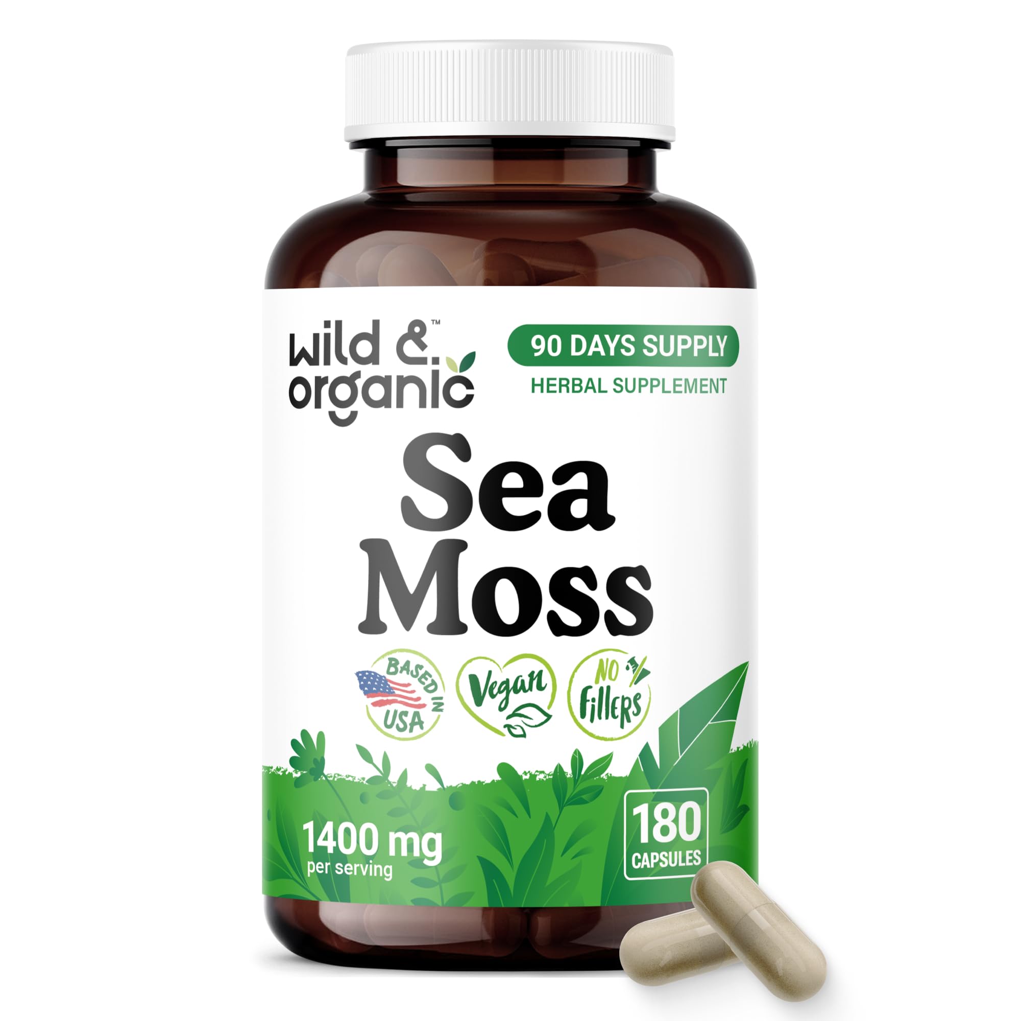 Wild & Organic Sea Moss Capsules - Irish Sea Moss Complex with Bladderwrack for Overall Well-Being - 180 Vegan Seamoss Capsules