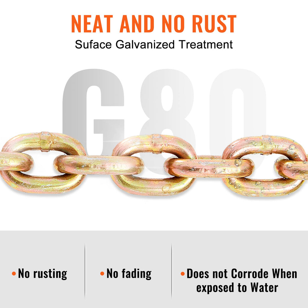 VEVOR Transport Binder Chain, 5/16''x20' Tow Chain with Grab Hooks, 4900lbs Safe Working Load, G80 Heavy Duty Chain, Logging Chain for Transporting Towing, Tie Down Binding Equipment