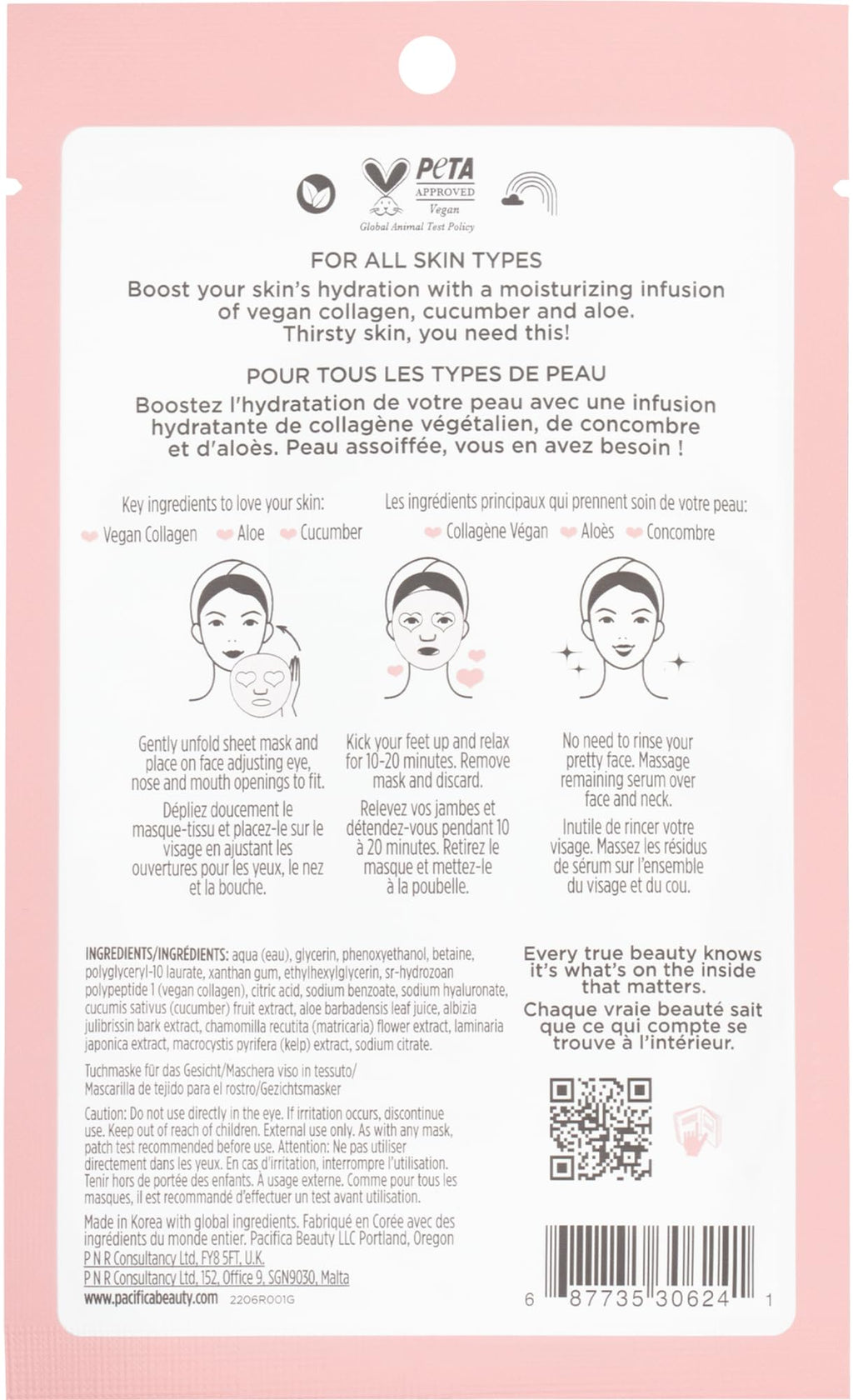 Pacifica Vegan Collagen Hydrate & Plump Face Mask 4-Pack – Hydrating & Plumping Peptide-Infused Sheet Mask for Dewy Skin, with Vegan Collagen, Cucumber & Aloe, Clean Beauty Skincare