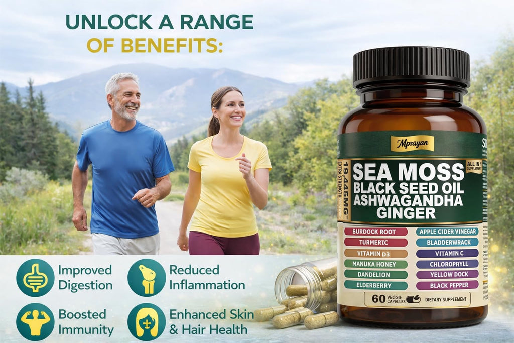 MPRAYAN Sea Moss Black Seed Oil Ashwagandha Capsules - 10:1 Extract Blend 60ct