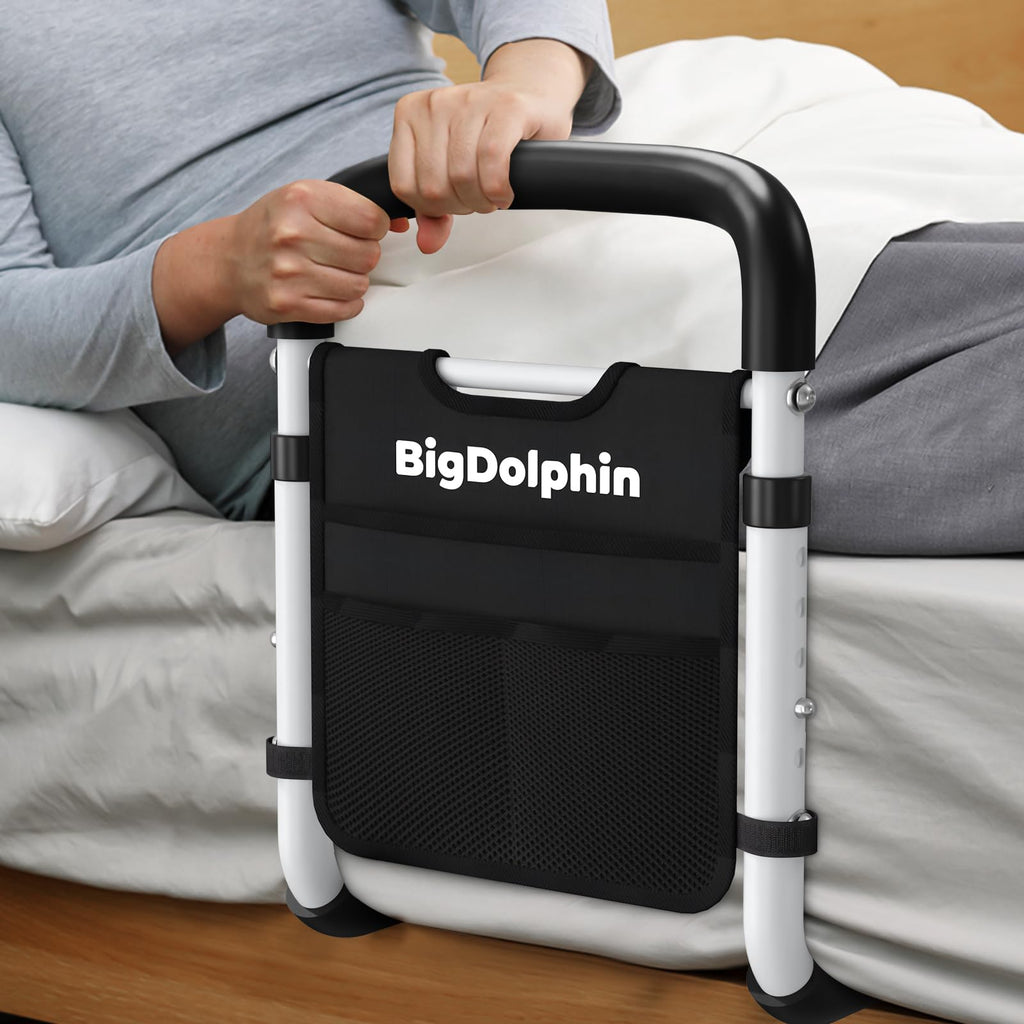 BigDolphin Bed Rails for Elderly Adults - ASTM Approved Adjustable Bed Cane with Non-Slip Ergonomic Handle & Storage Pocket, Bed Railings for Seniors Hold up to 350 LBS, Tool-Free