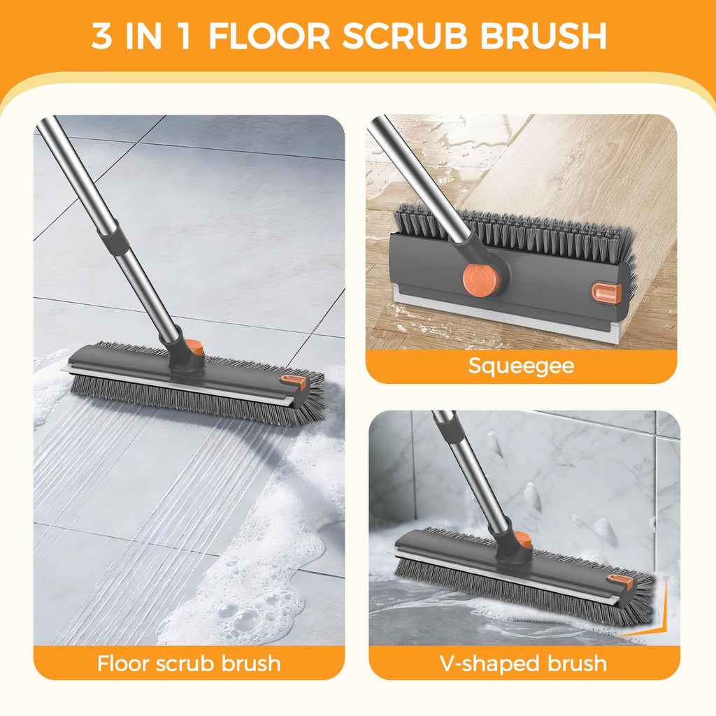 SetSail Floor Scrub Brush, 3 in 1 Floor Scrub Brush with 54-in Adjustable Long Handle and Scraper Heavy Duty Stiff Bristle Floor Scrubber for Cleaning Shower Bathroom Kitchen Patio Garage, Grey&Orange