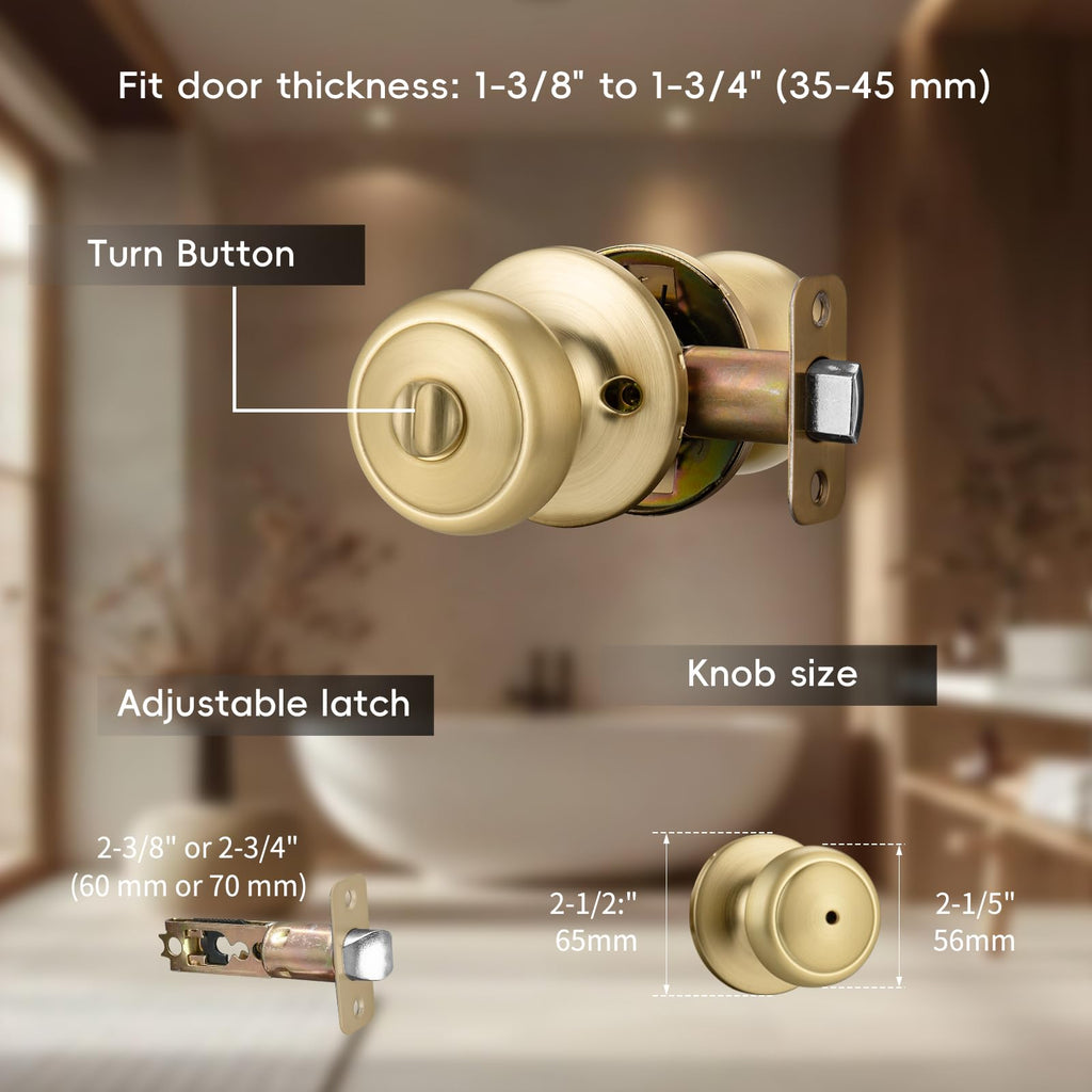 NCSEN 3 Pack Gold Door Knobs,Interior Door Knob with Lock,Coastal Style Satin Brass Door knob for Privacy and Bedroom