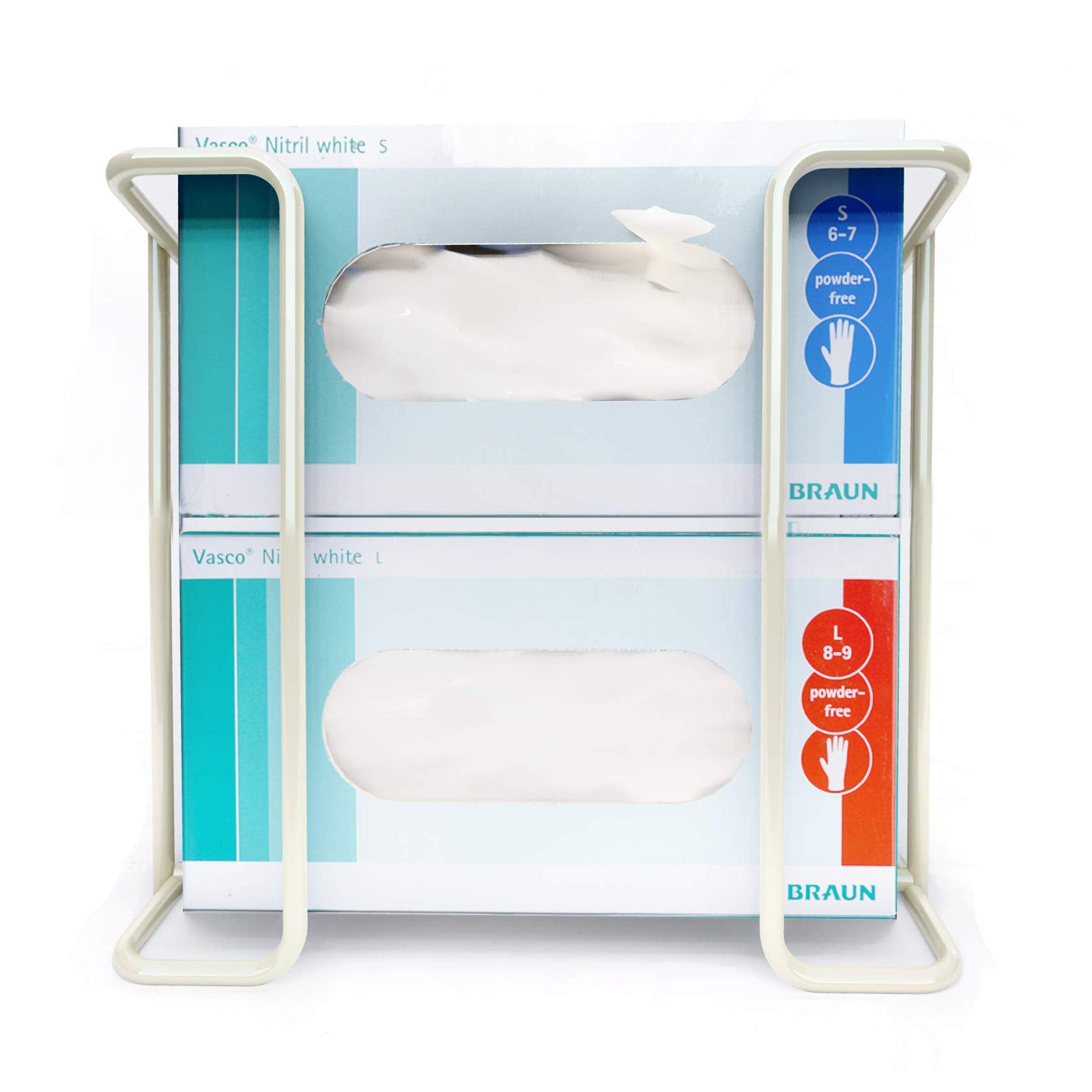 Glove Box Holder Wall Mount Dispenser for 2 Boxes, Powder Coated Metal Rack for Disposable Gloves and Tissue, Organizer for Kitchen, Lab, Garage, Hardware Included, White - Safety Supply Mart