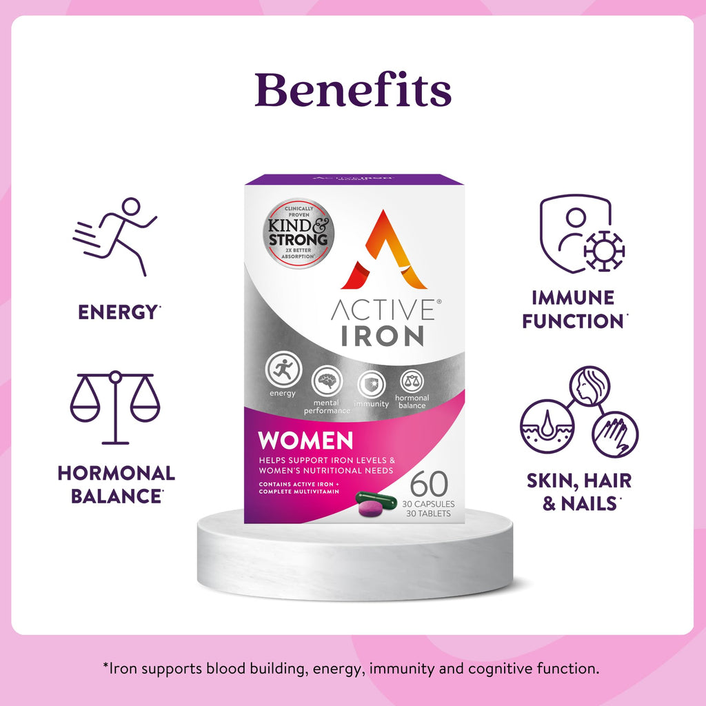 Active Iron Supplement 25mg + Multivitamin for Women – Clinically Proven to Increase Energy & Reduce Tiredness – Gentle, Non-Constipating Iron + Women’s Multivitamin – 30 Capsules + 30 Tablets