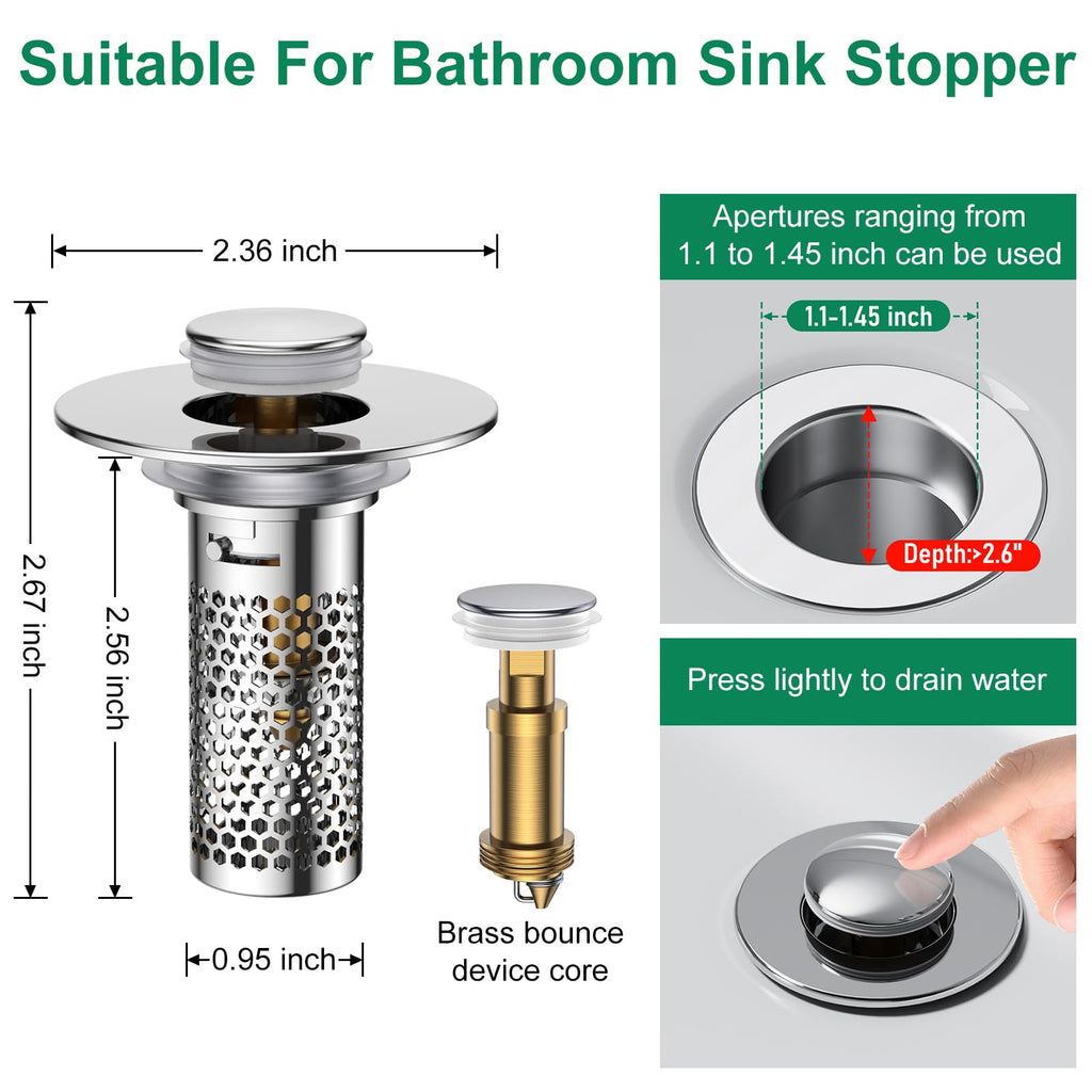 Bathroom Sink Drain Strainer,Universal Pop-Up Sink Stopper Hair Catcher, Anti-Clog Stainless Steel Drain Filter Basket, Removable Sink Drain for Bathroom Sink Stopper (YSilver-2（with Buckle）)