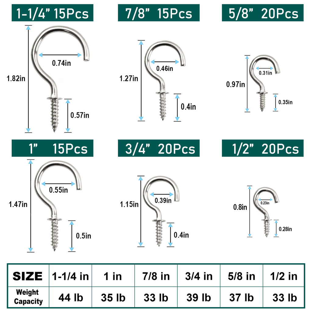 EIENHOSHI 105 Pcs Screw Hooks, 6 Sizes Silver Cup Hooks, Screw in Hooks for Hanging, Metal Cup Hook Screw in (1/2", 5/8", 3/4", 7/8", 1'', 1-1/4")