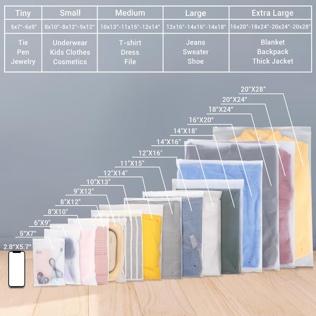Svaldo T Shirt Bags, 100PCS 9x12" Frosted Zipper Packaging Bags for Clothing, Resealable Poly Plastic Apparel Merchandise Zip Bags for Shipping Clothes Shirts Jeans Bathing Suit, with Vent Hole