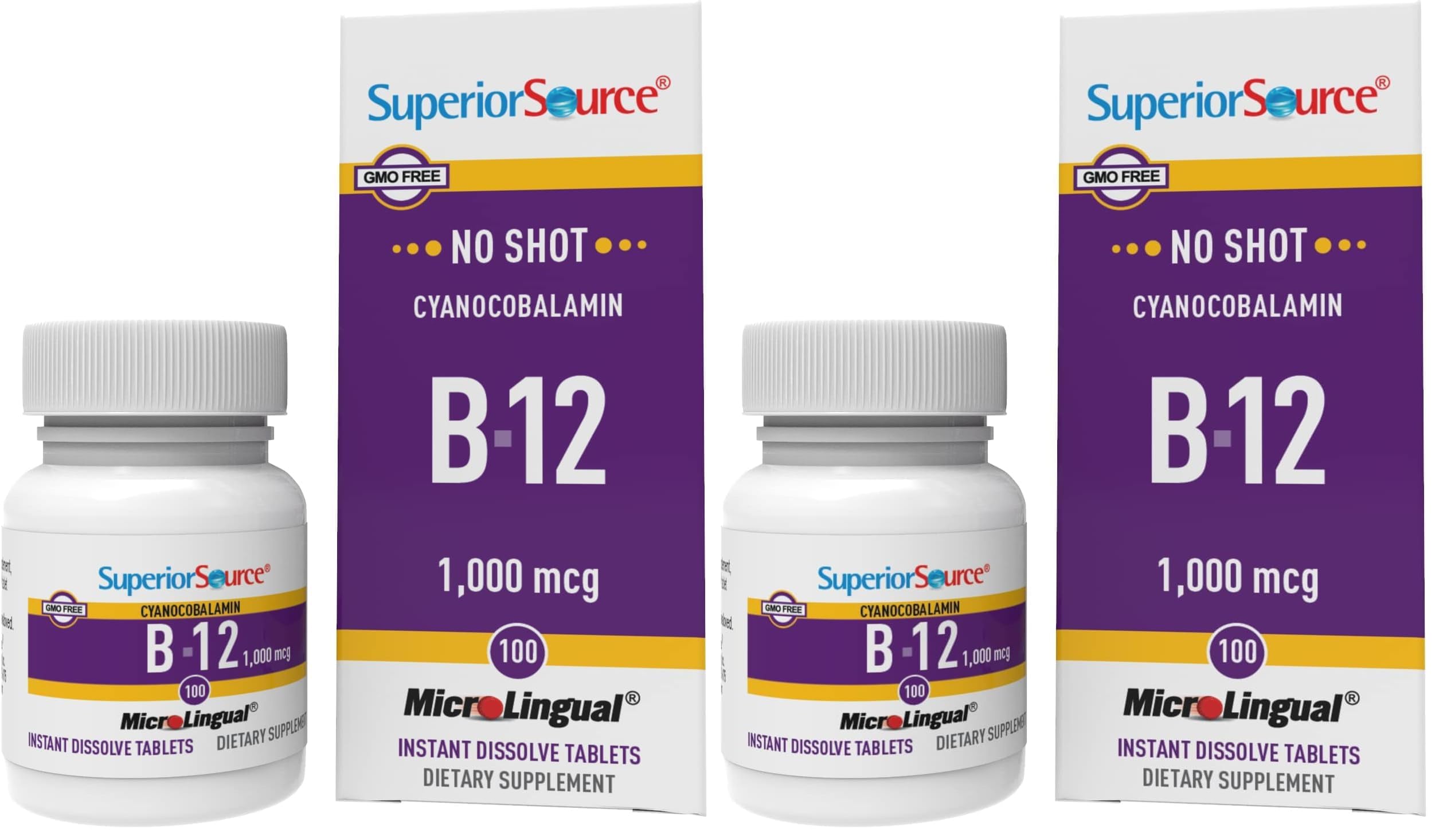 Superior Source No Shot Vitamin B-12 Cyanocobalamin 1000 mcg - Vitamin B-12 to Support Energy Production, Brain Health & Overall Wellness - Sublingual Tablets - 100 Dissolvable Tablets (Pack of 2)