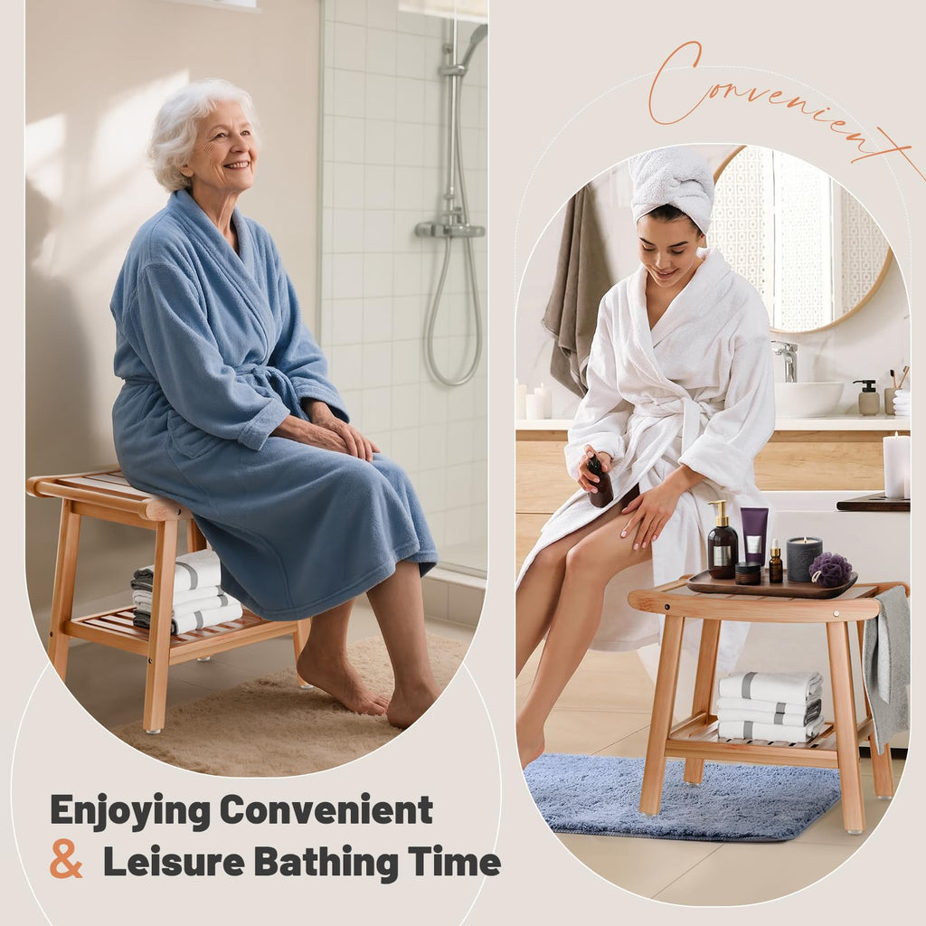Bamboo Shower Bench for Inside Shower to Sit on,Waterproof Shower Stool for Shaving Legs,Spa Bathroom Shower Chair with Storage Shelf, Bathroom Bench Seat for Senior Adult Disabled Elderly