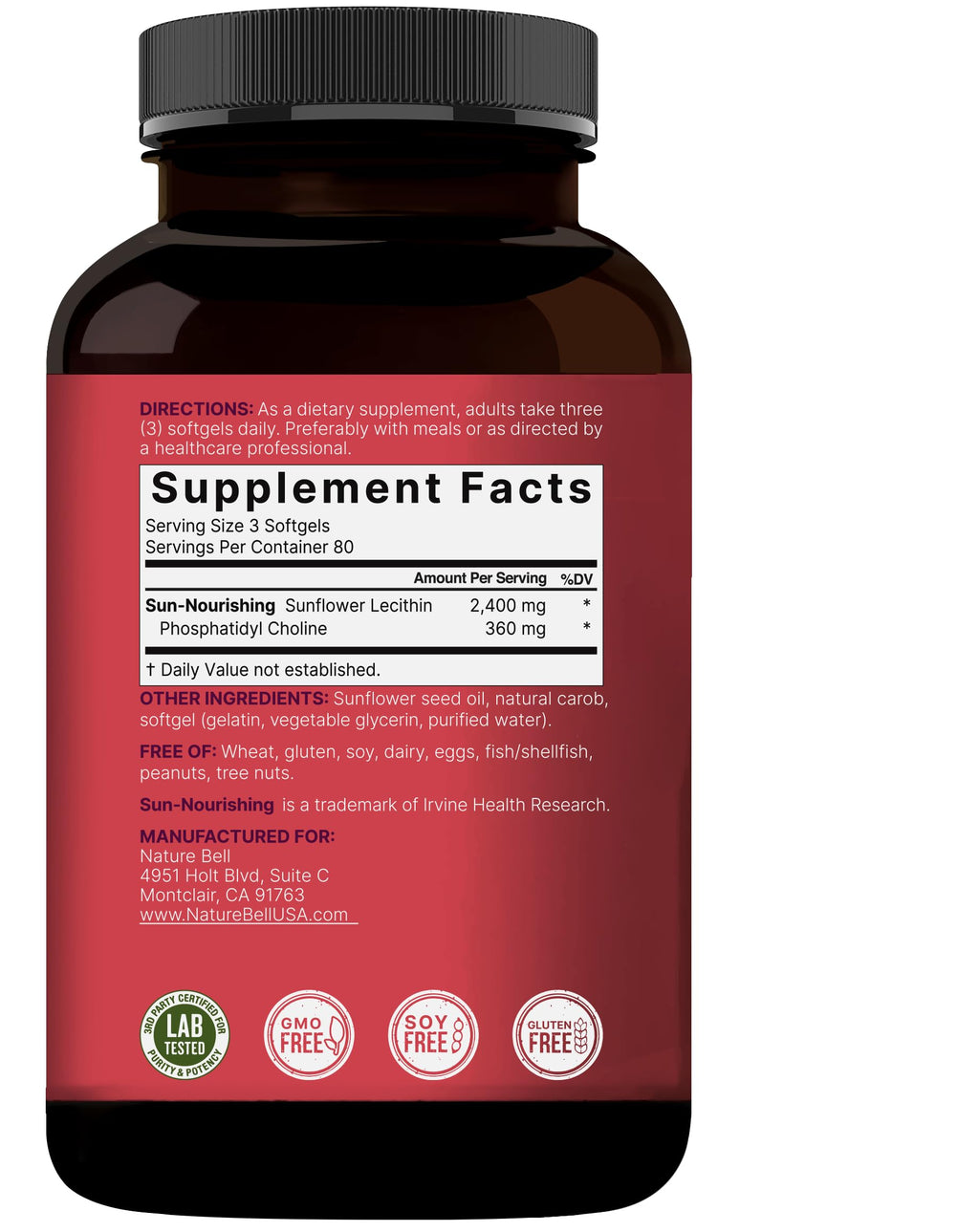 NatureBell Sunflower Lecithin - 240 Softgels - 2,400mg Cold Pressed Sunflower Lecithin - with Naturally Occurring Phosphatidyl Choline - for Lactation & Normal Milk Flow Support*