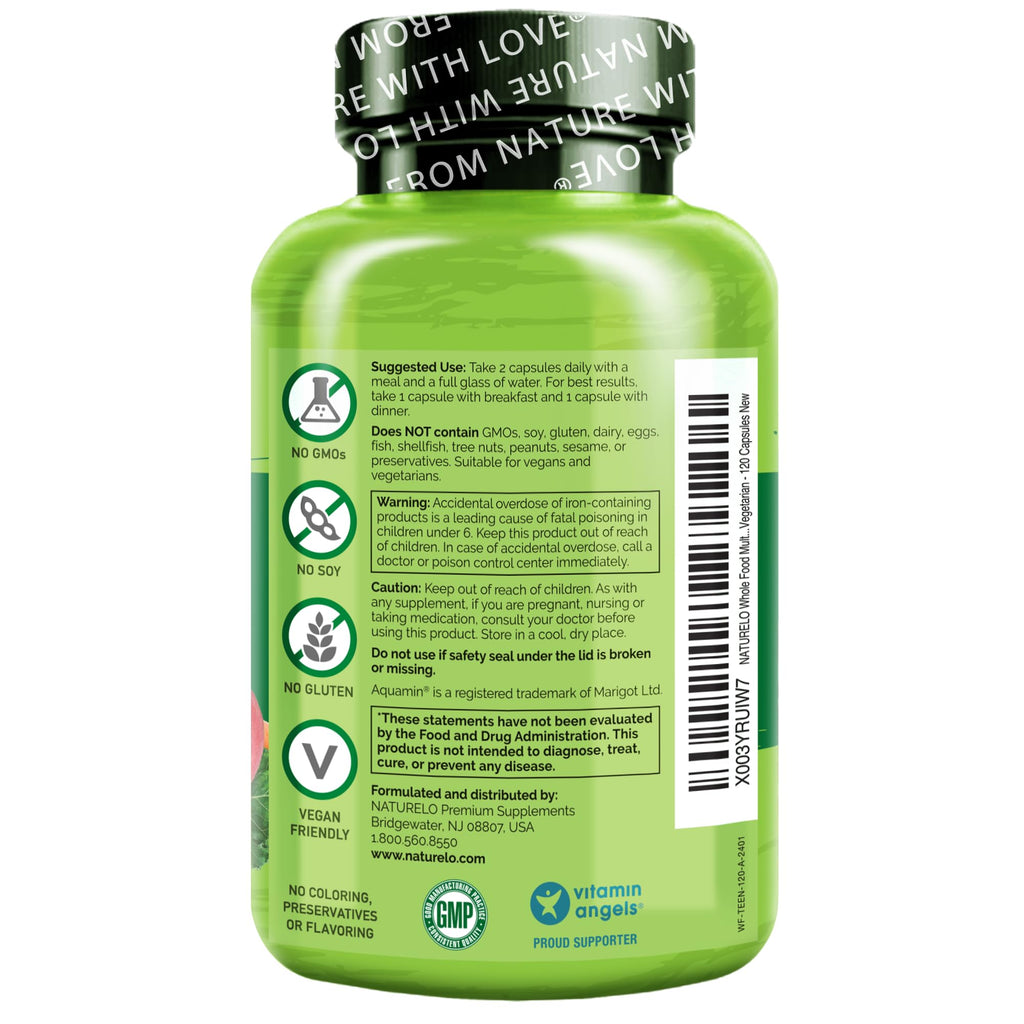 NATURELO Multivitamins for Teenage Girls/Boys, 120 Capsules, Whole Food Multivitamin with Minerals, Non-GMO, Vegetarian