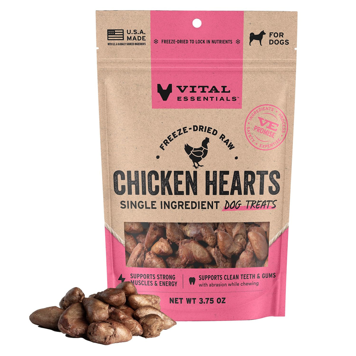 Vital Essentials Freeze Dried Raw Chicken Hearts Dog Treats, 3.75 oz Bag
