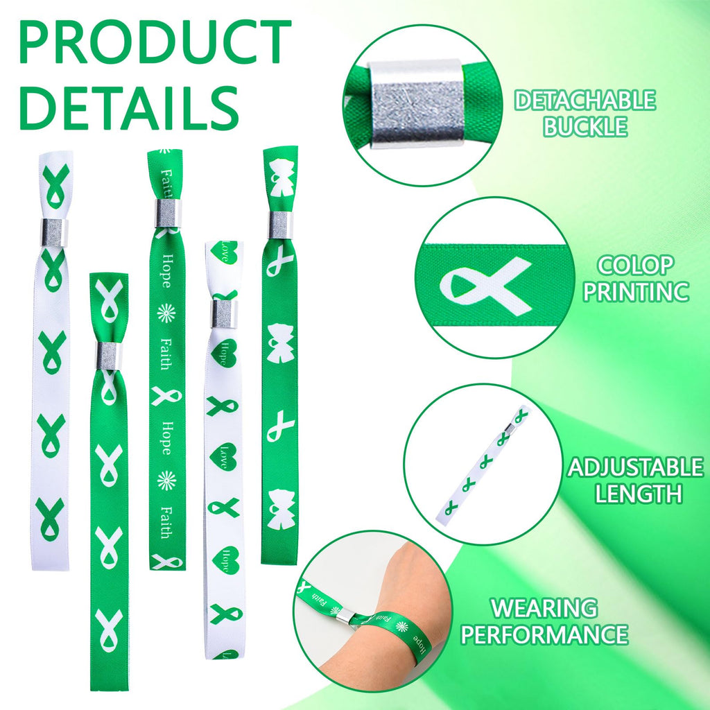 WANDIC Green Ribbon Bracelets, 30 Pcs 5 Styles Mental Health Liver Cancer Awareness Wristbands Adjustable Polyester Wrist Strap Hope Wrist Bands for Public Event, 6.89*0.59in, Polyester, no gemstone