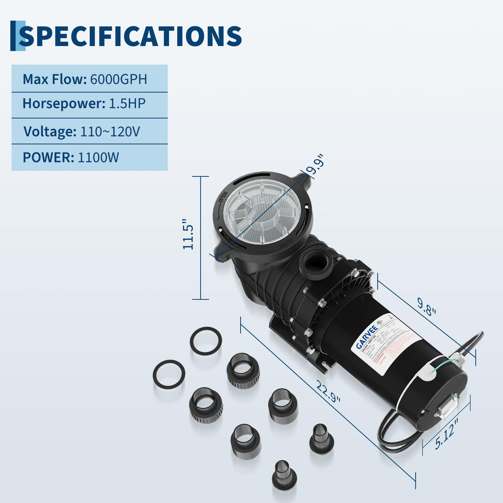 Garvee 1.5 HP Swimming Pool Pump 1100W 110-120V Single Voltage Pumps with Strainer Basket for Above-ground and In-ground, 6000 GPH Max. Flow