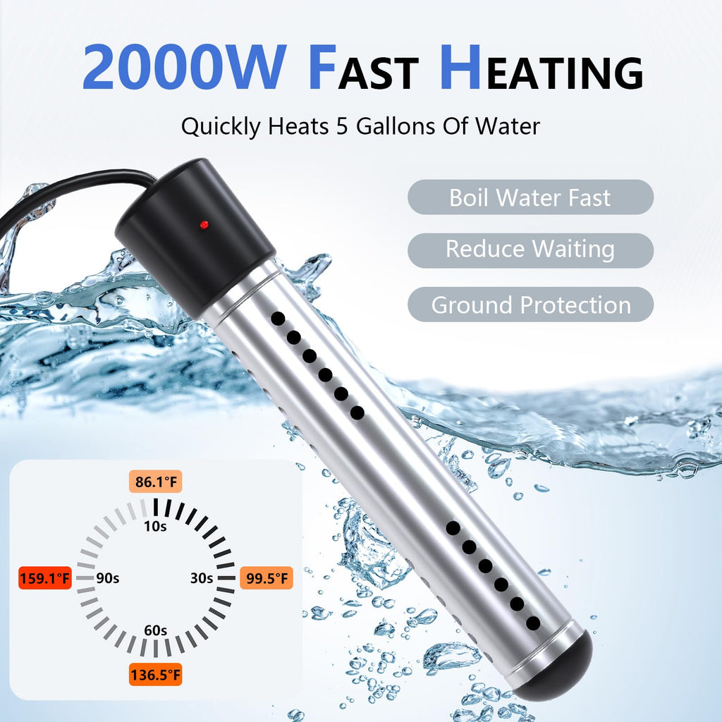 BSEED Immersion Water Heater Electric, 2000W Fast Heating Portable Water Heater with 304 Stainless Steel Guard & Digital LCD Thermometer, Heats 5 Gallons in Minutes for Camping, Bath & Small Pool