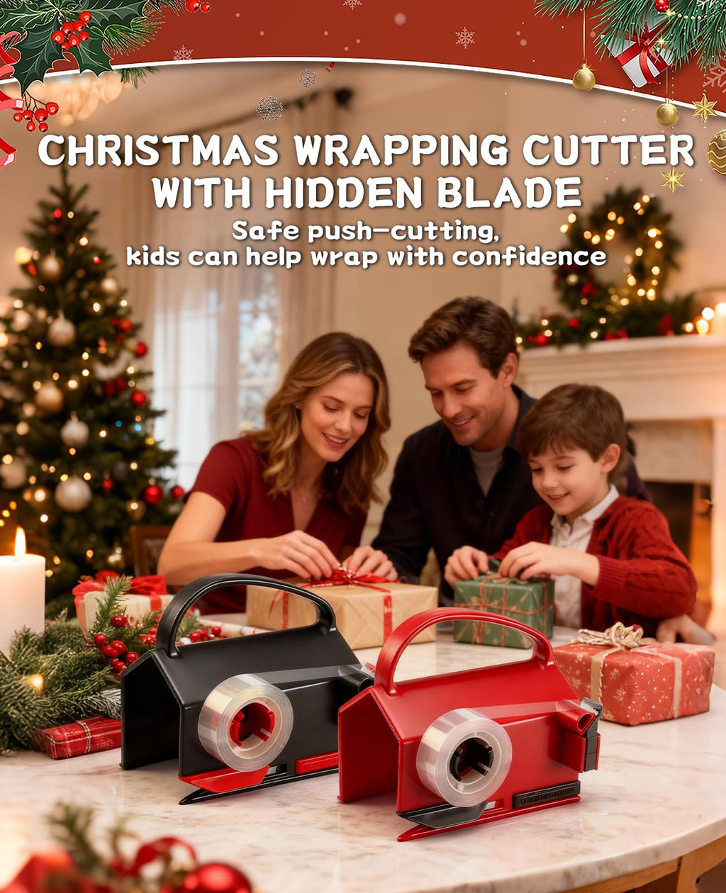 2 Pack Wrapping Paper Cutter & Tape Dispenser Dual Use, Gift Wrap Cutter Tool for Rolls Paper with 4 Tapes & 2 Replace Blades Kit for Christmas Birthday, Easy Cut for Present Wrapping