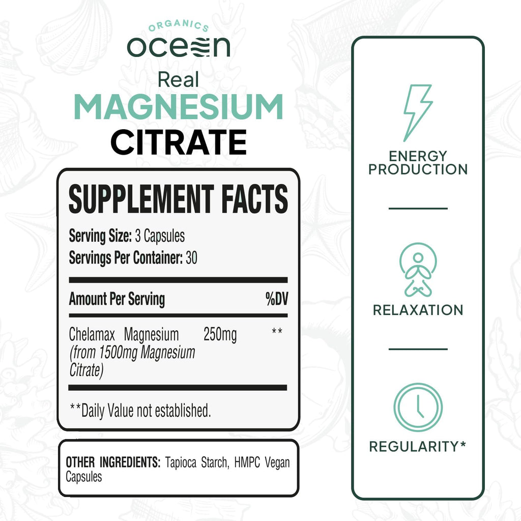 Organics Ocean Real Magnesium Citrate - High Absorption Magnesium Supplement - Chelated Magnesium to Support Energy, Relaxation, and Regularity - 6 Pack Bulk Supply