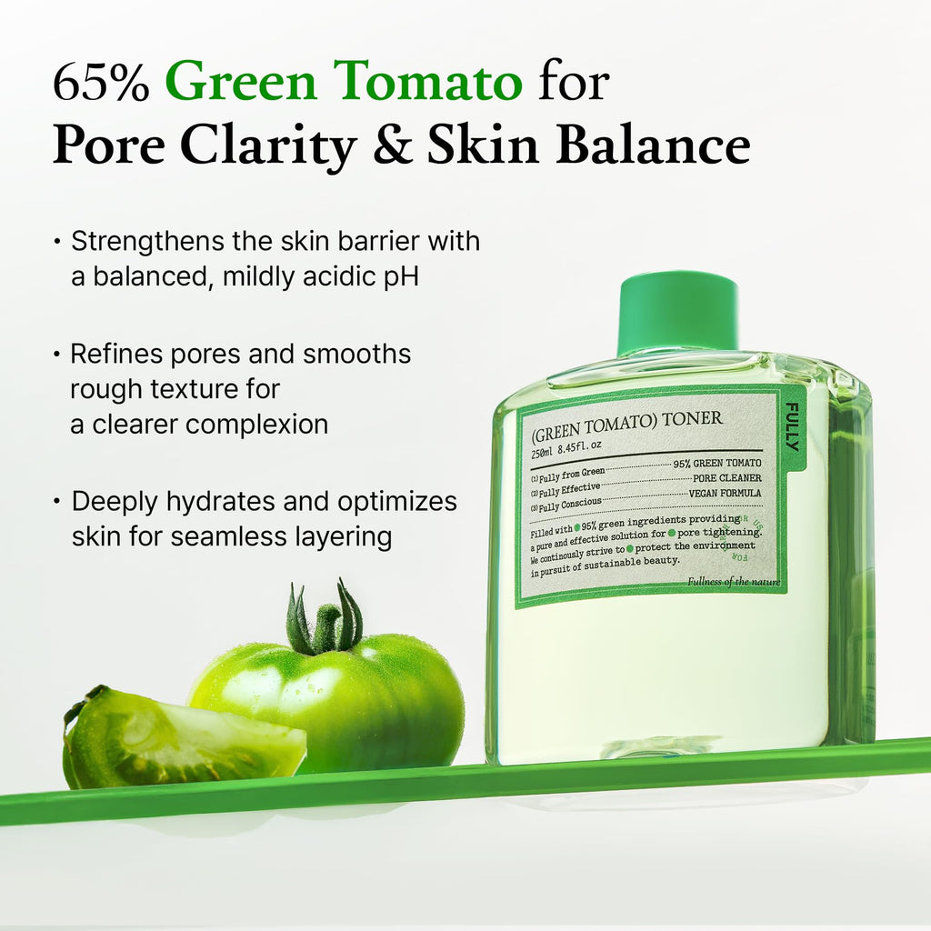 FULLY Green Tomato Toner, Pore Tightening with 95% Green Tomato Extract and VIT C, Skin Soothing and Hydrating, Fragrance Free, Vegan & Dermatologically Tested, 8.45 fl.oz