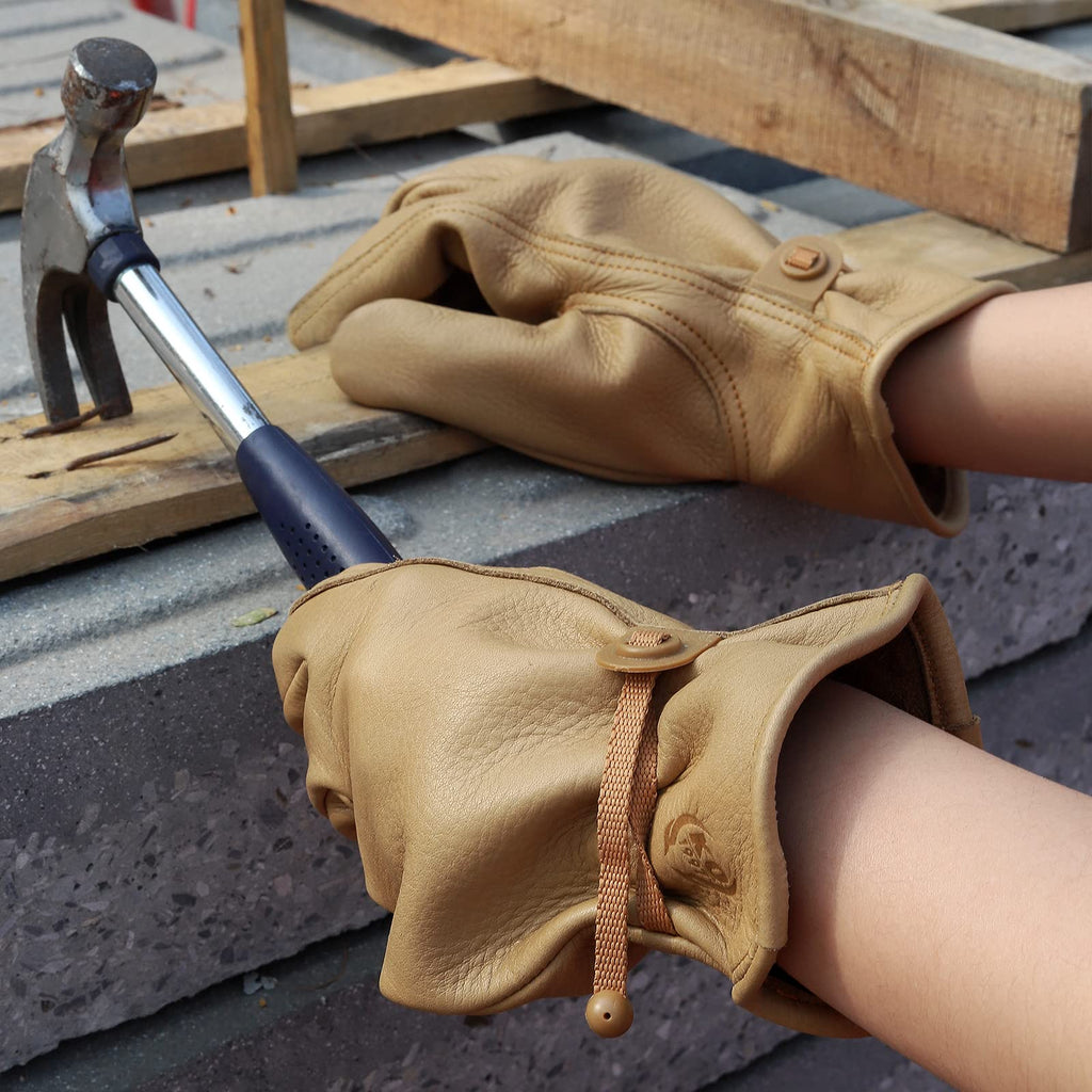 KKOYING Leather Work Gloves Waterproof Gardening Gloves for Men & Women Tough Cowhide Work Gloves with Adjustable Wrist (Small)