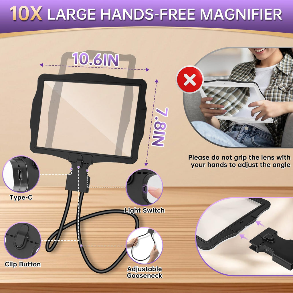 10X Magnifying Glass with Light, Hands Free Large Magnifying Glass for Reading, Full Book Page Magnifiers Flexible Gooseneck Magnifier for Reading Repair Sewing Low Vision, 10.6 x 7.8in