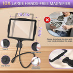 10X Magnifying Glass with Light, Hands Free Large Magnifying Glass for Reading, Full Book Page Magnifiers Flexible Gooseneck Magnifier for Reading Repair Sewing Low Vision, 10.6 x 7.8in