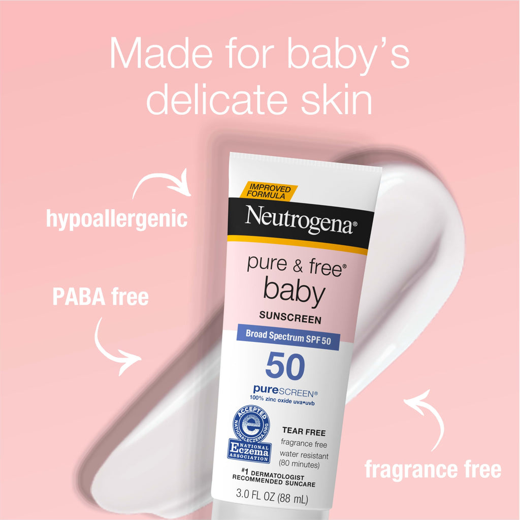 Neutrogena Pure & Free Baby Mineral Sunscreen Lotion with Broad Spectrum SPF 50 & Zinc Oxide, Water-Resistant, Hypoallergenic & Tear-Free Baby Sunscreen, 3 fl. oz, 3 pk