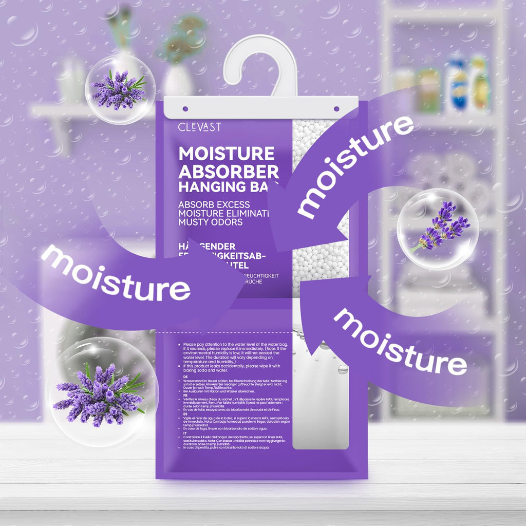 CLEVAST Moisture Absorbers Packets - 15.2 OZ, 6 Pack Large Dehumidifier Bags for Closet, Hanging Humidity Absorber in Wardrobes, Bedrooms, Bathrooms - Lavender Scented