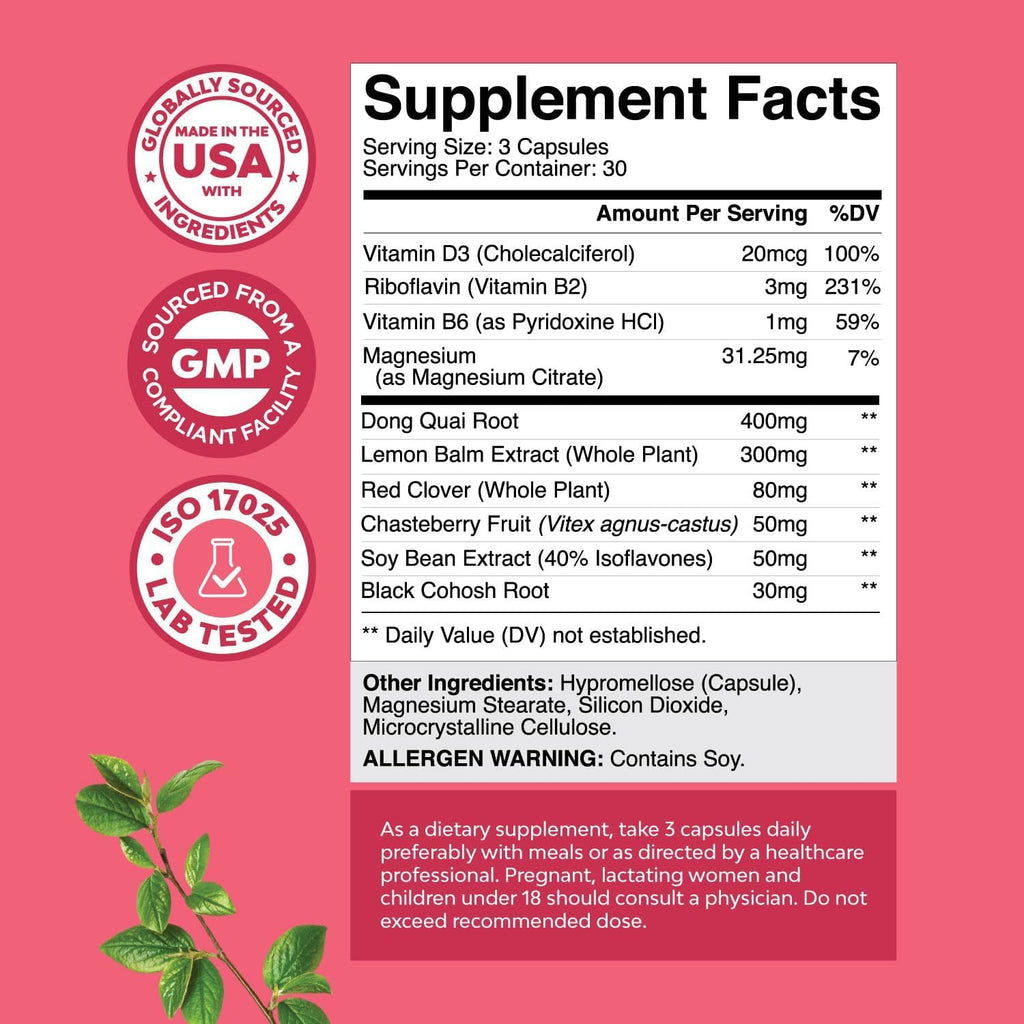 Complete Herbal Menopause Supplement for Women - Multibenefit Menopause Ease Hormone Balance for Women for Night Sweats Mood and More with Dong Quai Vitex Chaste Berry and Black Cohosh - 90 Count