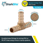 SharkBite 3/8 Inch Crimp Tee, Pack of 10, Brass Plumbing Fitting, PEX Pipe, PE-RT, UC360LF