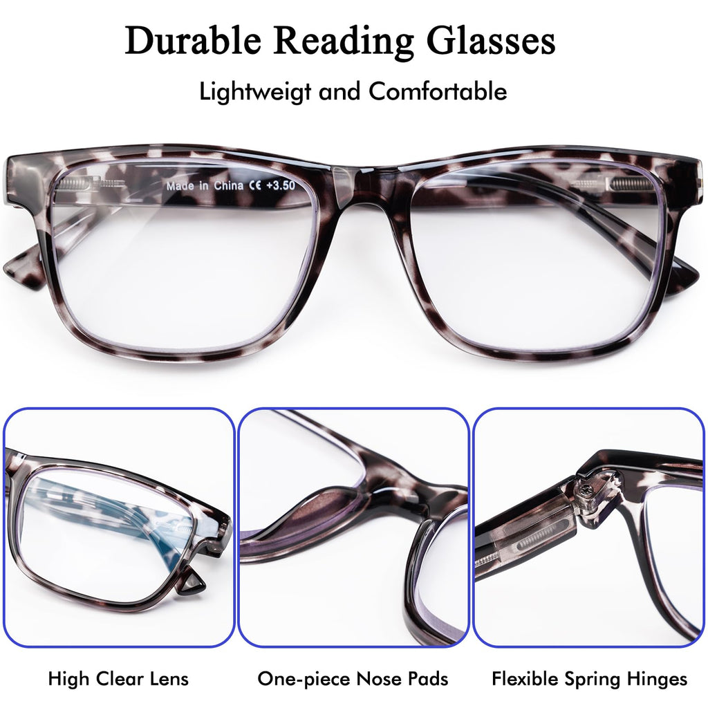 DAMIDEO 5 Pack Blue Light Blocking Oversize Reading Glasses Men Large Head Wide Frame 3.5 Readers Lightweight Eyeglasses