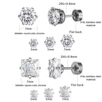 6 Pairs Screw Back Titanium Surgical Stainless Steel Round Square Princess Cut CZ Earrings For Women Men Hypoallergenic Cubic Zirconia Earrings (White Gold Plated)