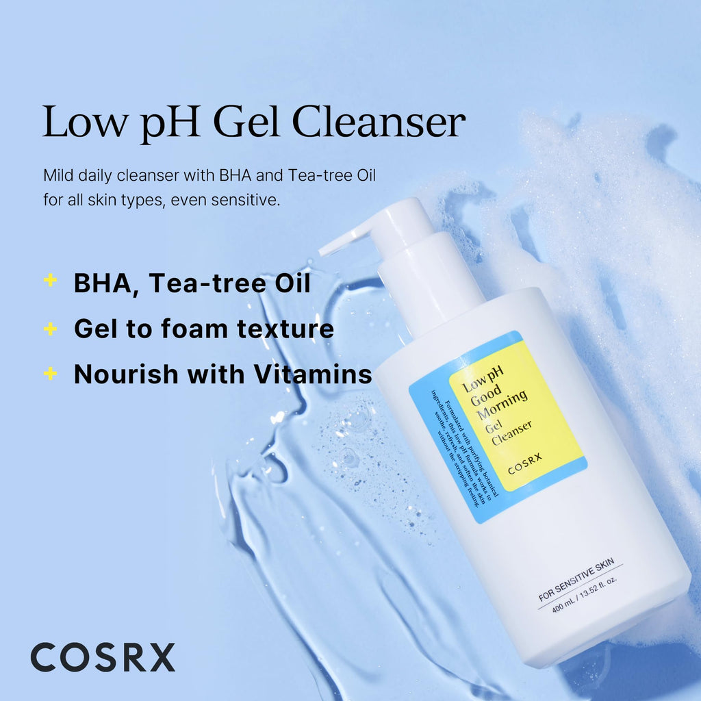 COSRX Low pH Good Morning Gel Cleanser (13.52fl.oz/400ml), BHA Face Wash, Daily Mild Face Cleanser for Sensitive Skin, PH Balancing, Korean Skin Care, Korean Face Wash, Korean Body Wash
