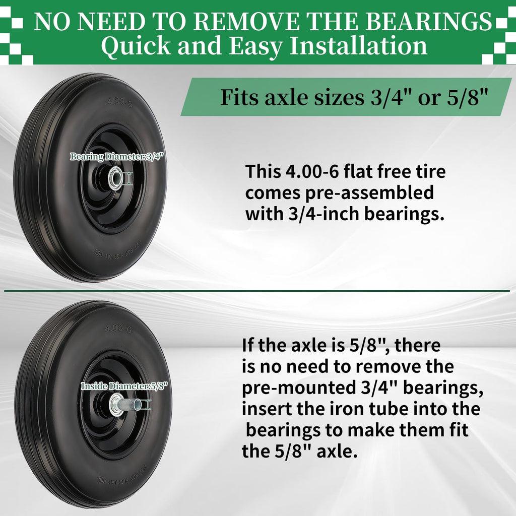 4.00-6 Flat Free Tire and Wheel, 13" Solid Wheelbarrow Tires, Adapter Kit