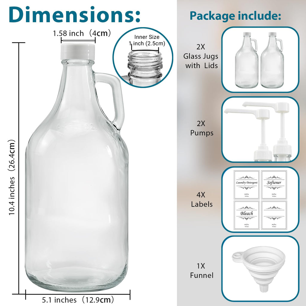 2 Pcs Glass Liquid Laundry Detergent Dispenser with Pump (Upgraded), 64 oz Dispenser for Laundry Room, Half Gallon Glass Jugs with Airtight Lid
