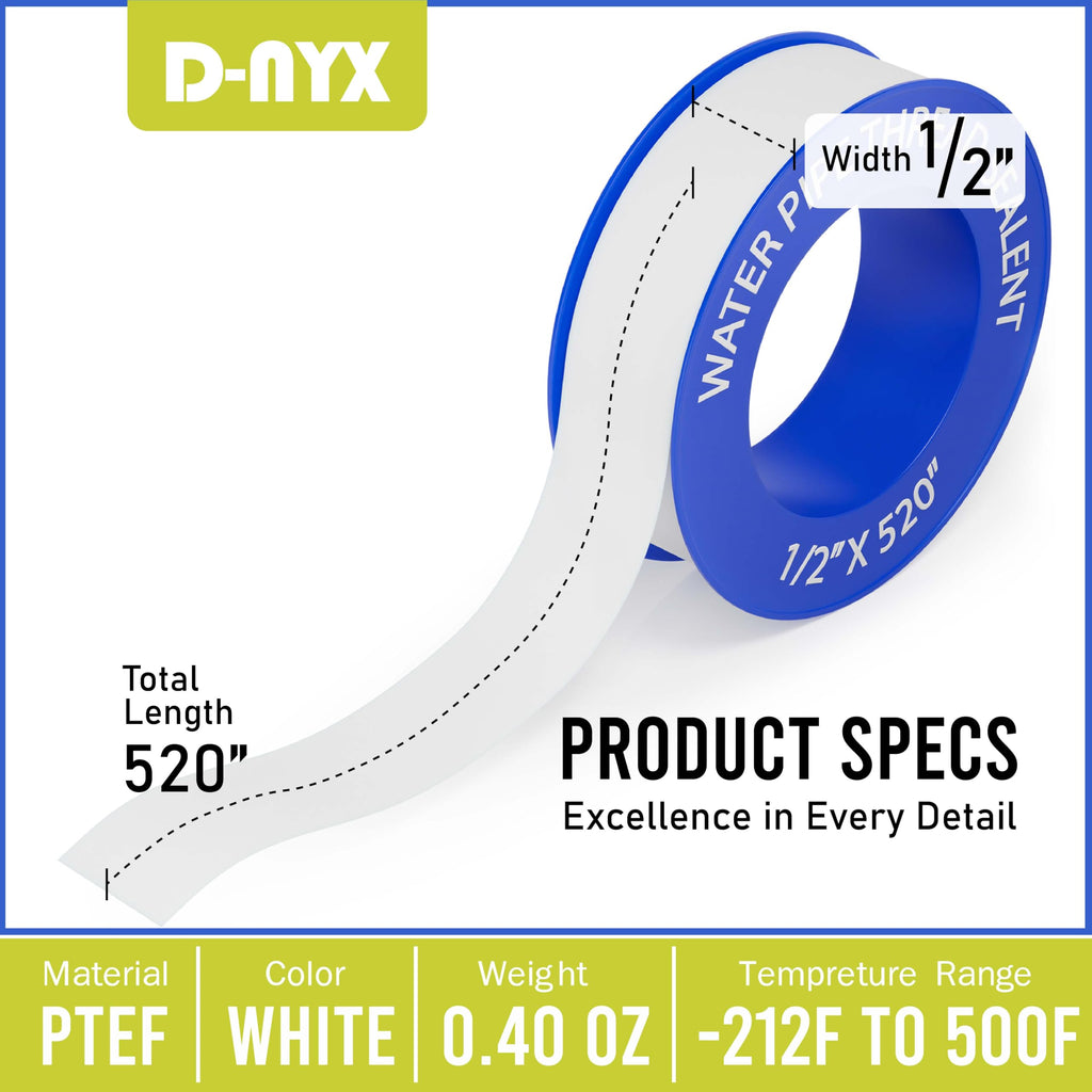 D-NYX 10 Rolls Extra Long Teflon Tape 1/2 Inch(W) X 520 Inches(L) - Plumbers PTFE Tape – Thread Seal - Perfect for Shower Heads and Pipe - Home Plumbing Pipe Sealing - Sealant Tape