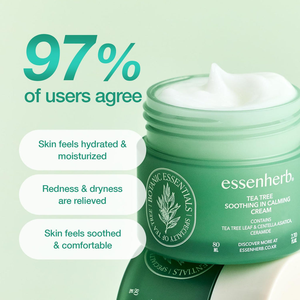 ESSENHERB Tea Tree Soothing In Calming Cream for Sensitive Skin with Tea Tree Oil & Cica, Helps reduce redness and breakouts, Soothing skin and providing hydration, Korean Skin Care (2.70 fl.oz)