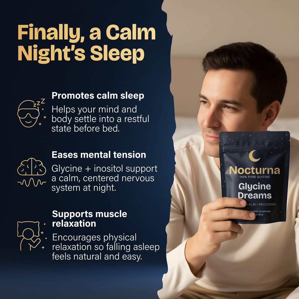 Nocturna Glycine Supplement – 100% Pure 3g Glycine Powder for Sleep, Calm & Recovery – USA Made Sleep Aid for Men & Women – Non-GMO & Completely Natural - 6.3Oz for 60 Servings