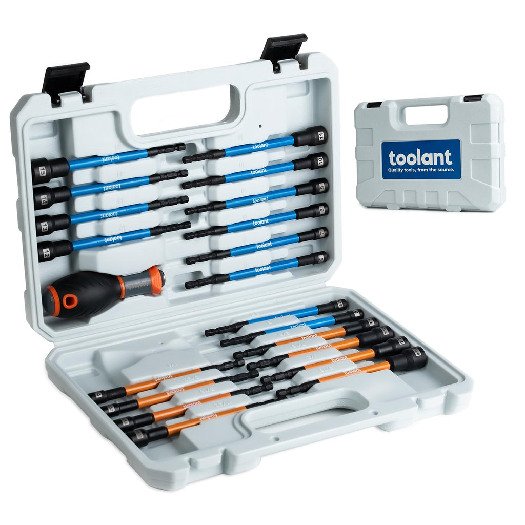 toolant 21pcs Extra Long Nut Driver Bit Set, SAE/Metric Magnetic Nut Driver Set with Replacement Handle