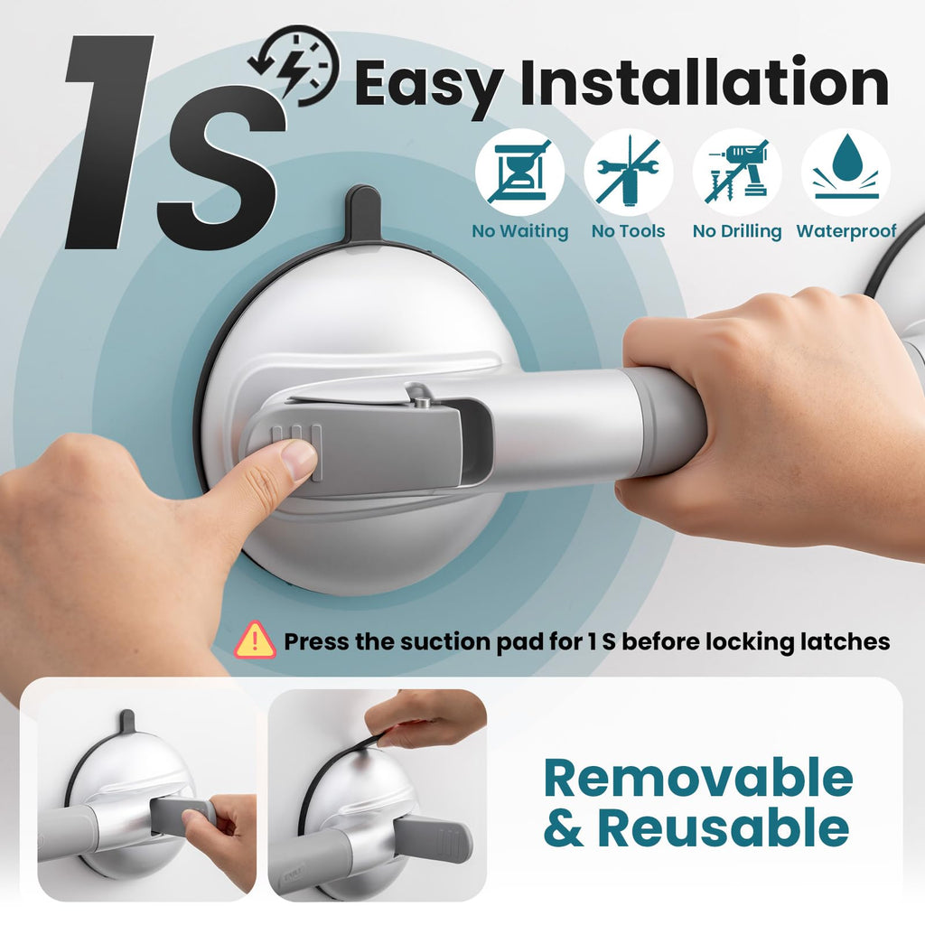 TAILI Grab Bars for Bathtubs and Showers,2 Pack Shower Handles for Elderly Suction,Maximum 330lbs,Shower Bar with Upgraded Rubber Suction Cups,Safety Grip for Senior, No Drilling Removable,Silver