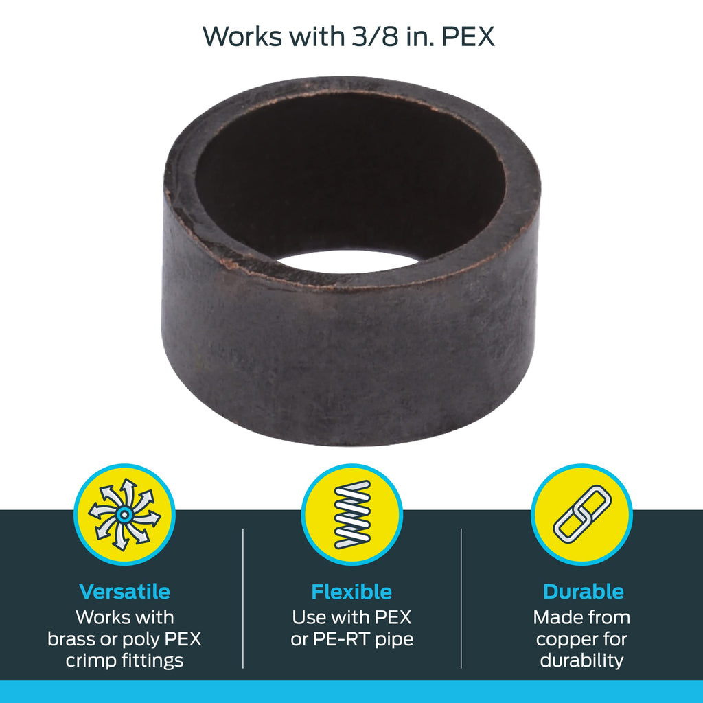 SharkBite 3/8 Inch Copper Crimp Rings, Pack of 25, PEX Pipe, PE-RT, 23101CP25