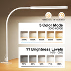 SKYLEO Led Desk Lamp - 33.5" Desk Light - Flexible Gooseneck - 5 Color Modes X 11 Brightness Levels - 1300LM - Timmer & Memory Function - 12W Clip on Light - White