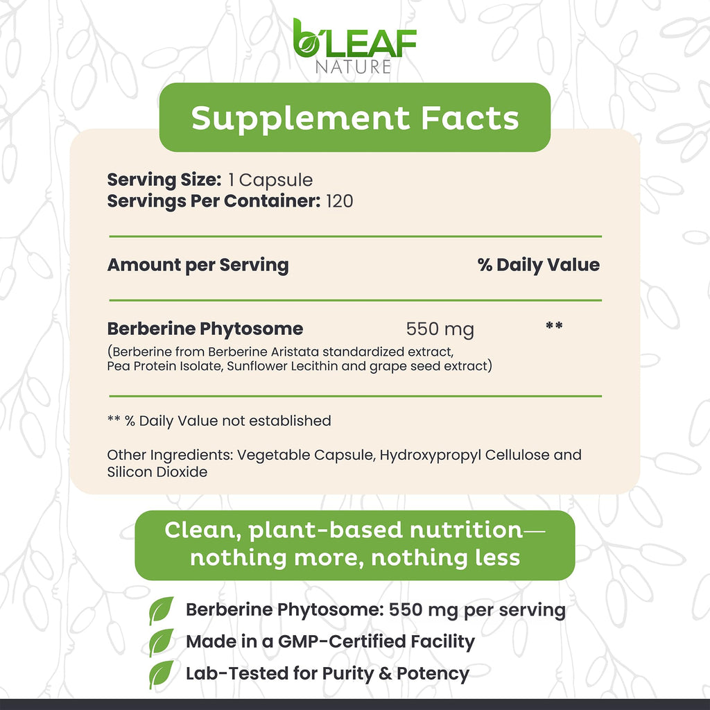 B’Leaf Nature Berberine Phytosome, 120 Capsules – 1100mg Berberine Supplement for Metabolic and Cardiovascular Support – Vegan, Gluten-Free, Non-GMO Berberine Phytosome Capsules for Immune Wellness