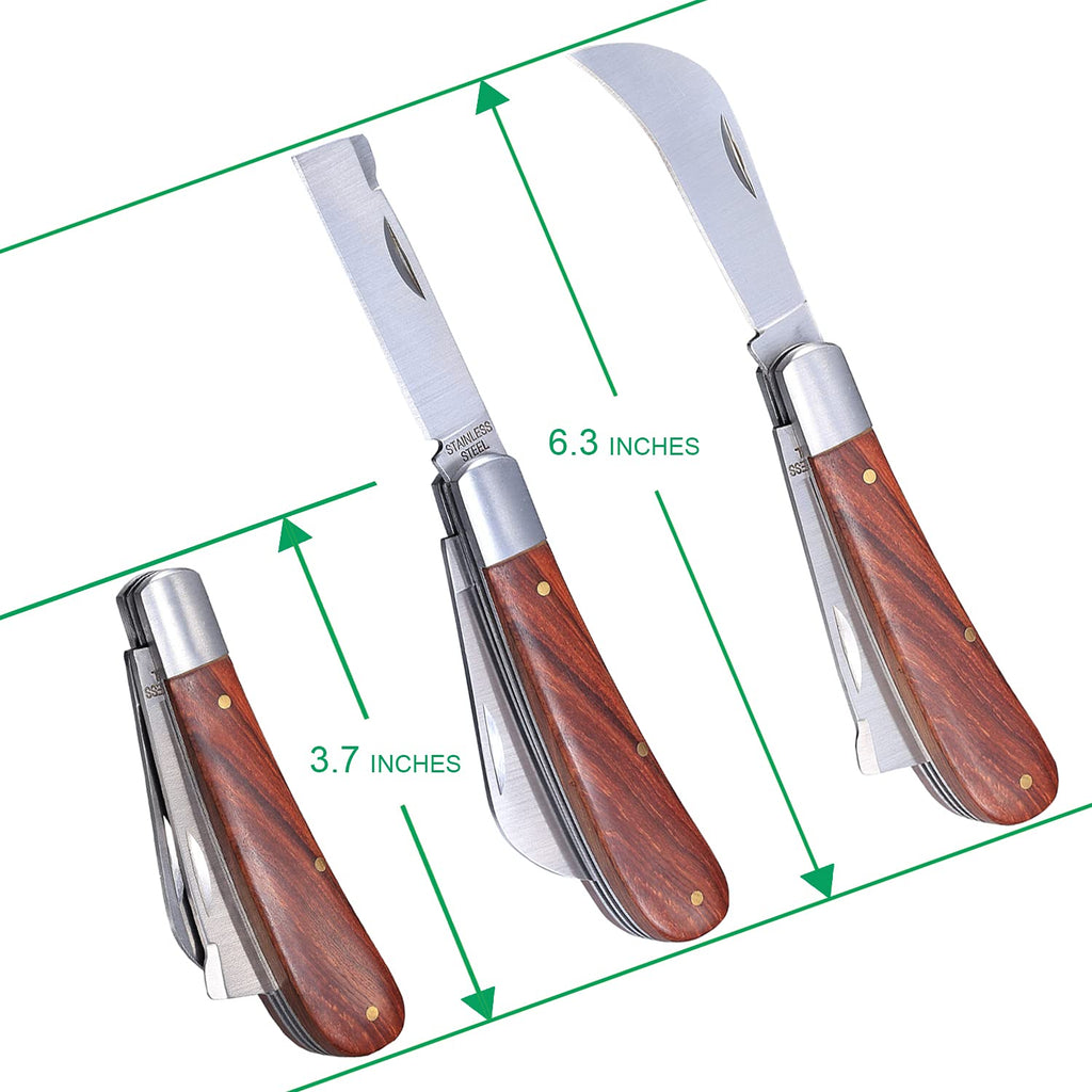 PUELDU Grafting Knife With 2 Blades & 2 Tapes - Stainless Steel Gardening Tool for Plant Grafting, Pruning, Fruit Picking - Portable Rosewood Handle, Bark Lifter (Foldable)